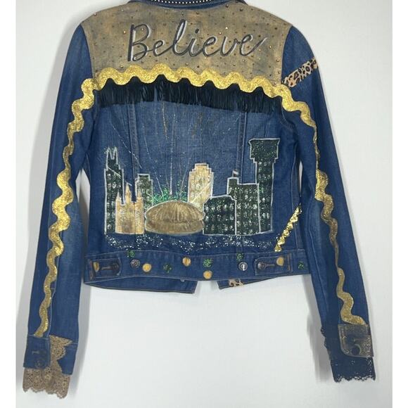 New Orleans Saints Fan Upcycled Denim Jacket Bling Handmade Designer Original - Picture 4 of 8